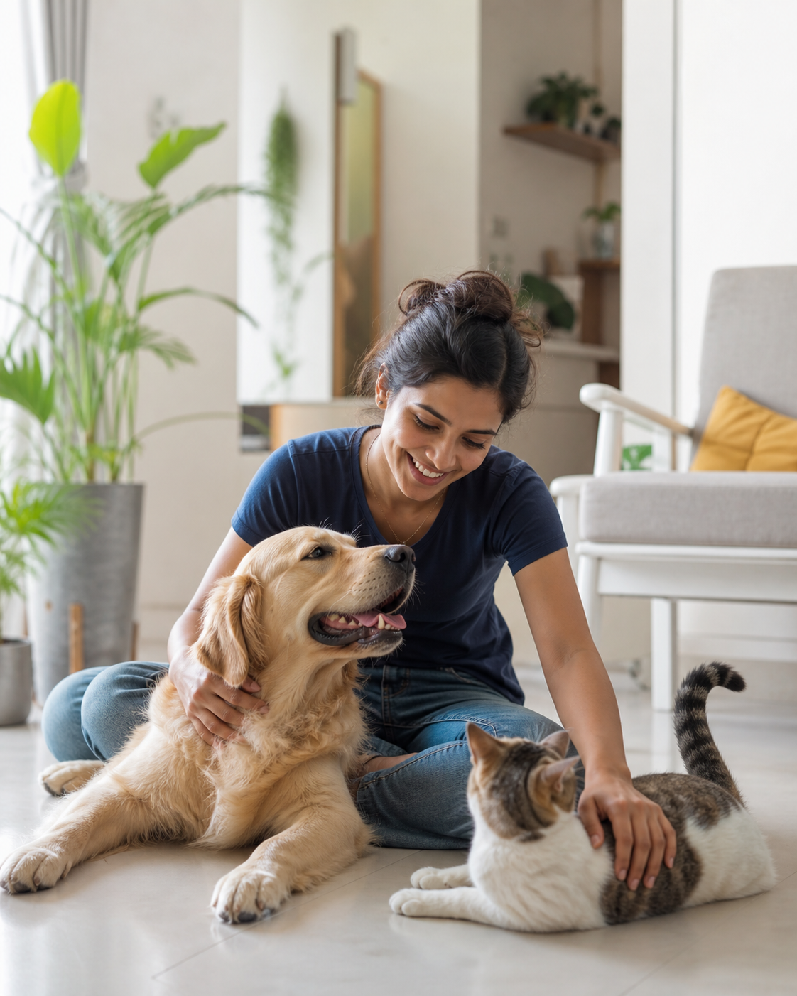 Pet sitter caring for a dog and cat at home