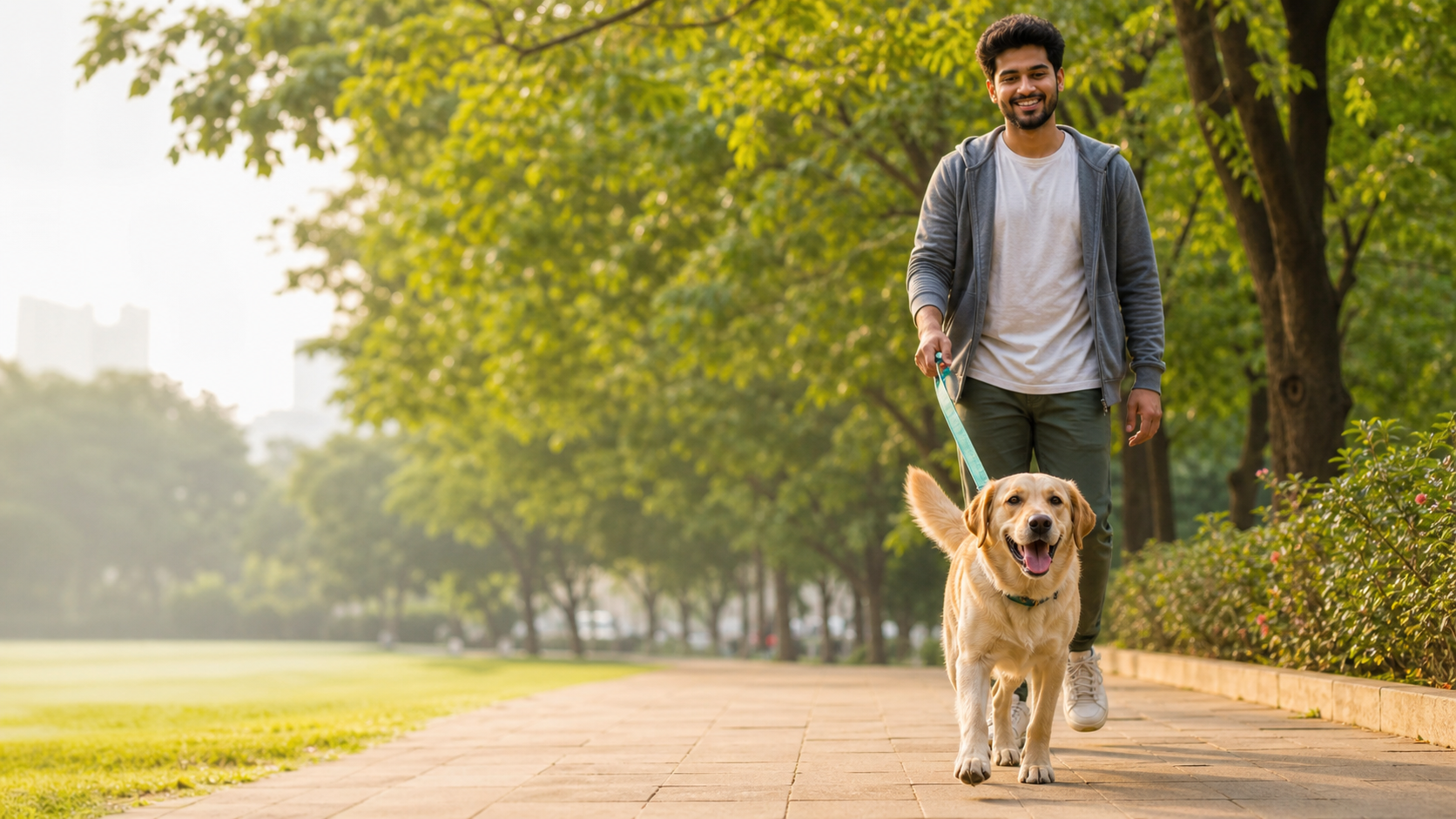Pet parent walking a happy dog