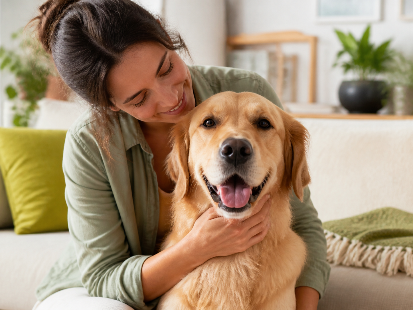 Pet parent gently caring for a happy dog