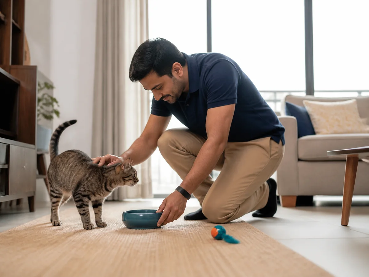 Pet sitter caring for a cat during a home drop-in visit