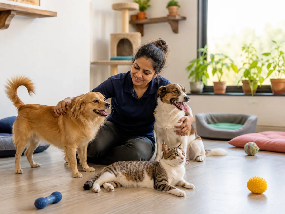 Pet caregiver supervising dogs and a cat during day care