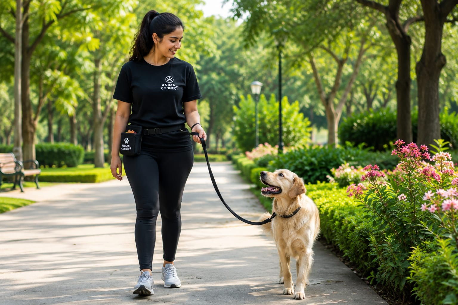 Animal Connect walker taking a golden retriever for a park walk