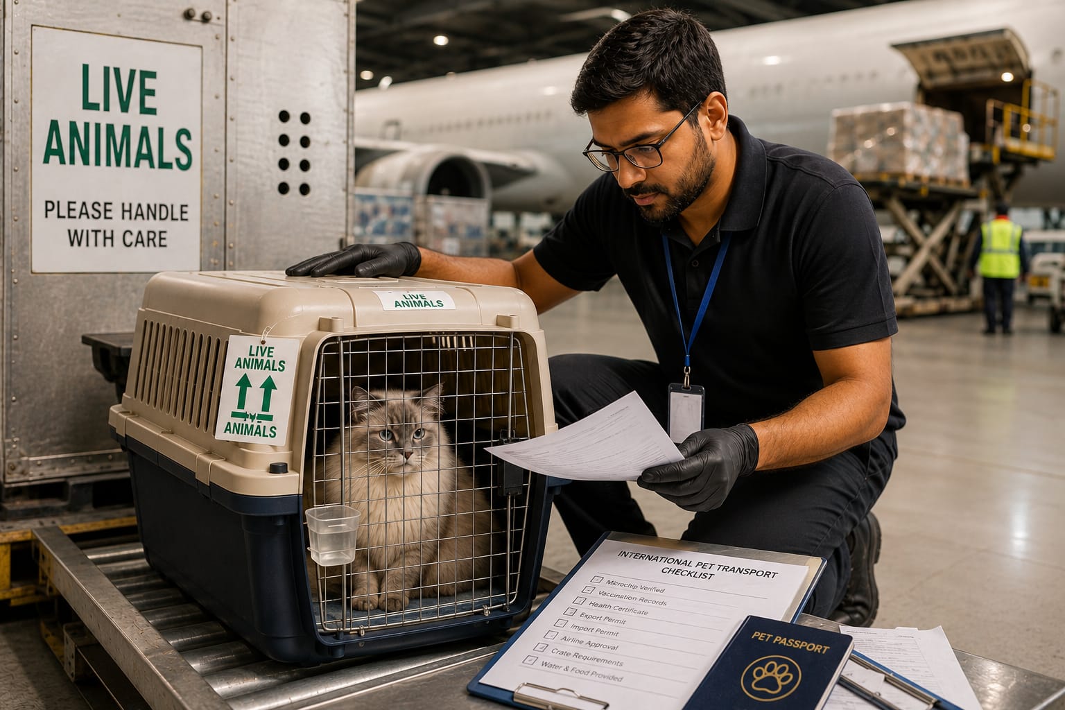 Pet transport specialist checking a cat's travel carrier and documents