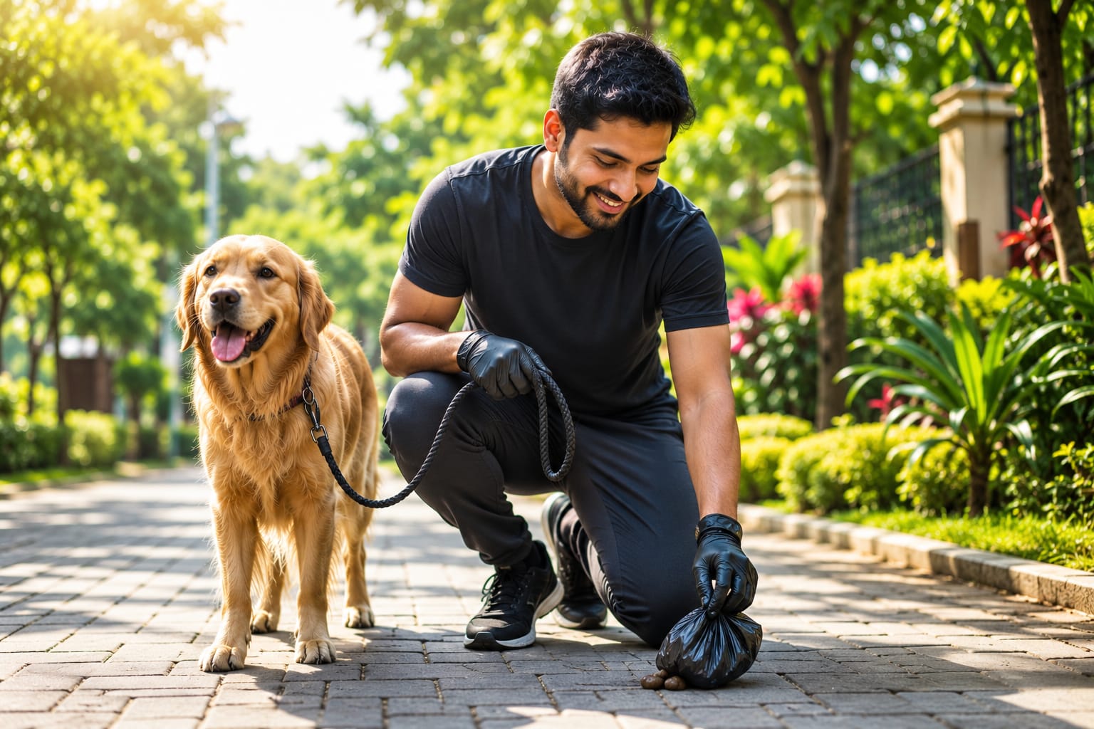 Dog walker responsibly cleaning up during a walk