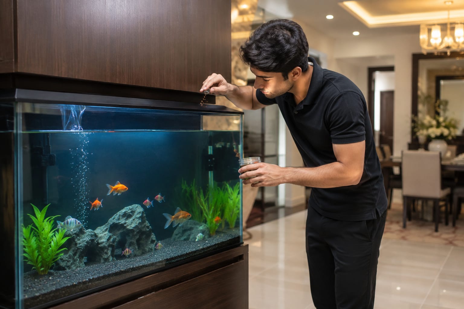 Pet care professional feeding fish in a home aquarium