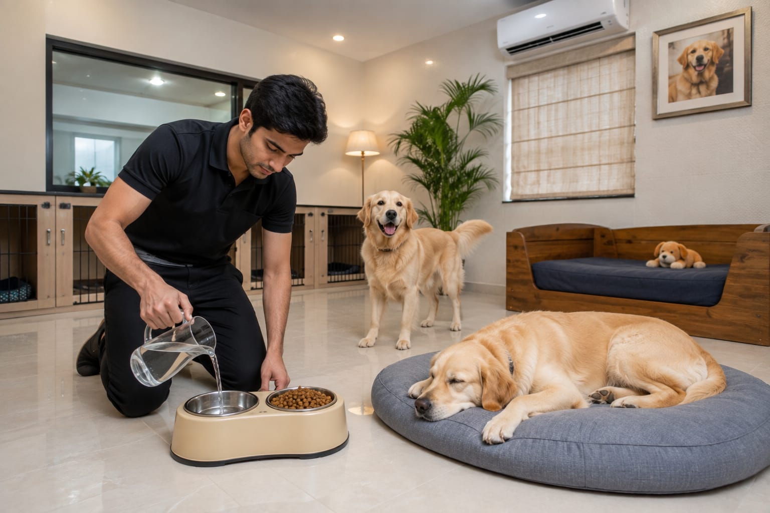 Pet boarding professional preparing food and water for two dogs