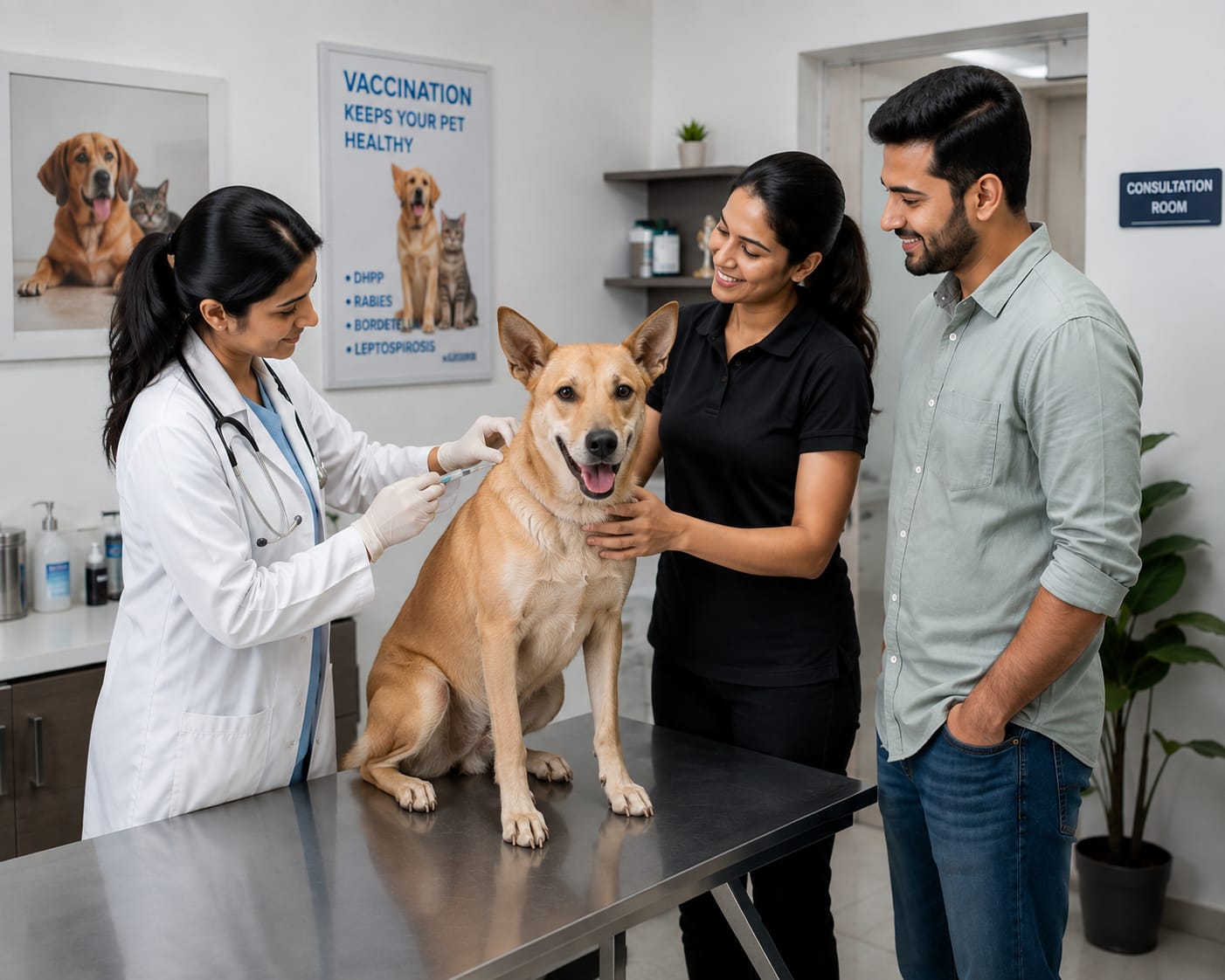 Veterinarian vaccinating a dog with its pet parent and caregiver present