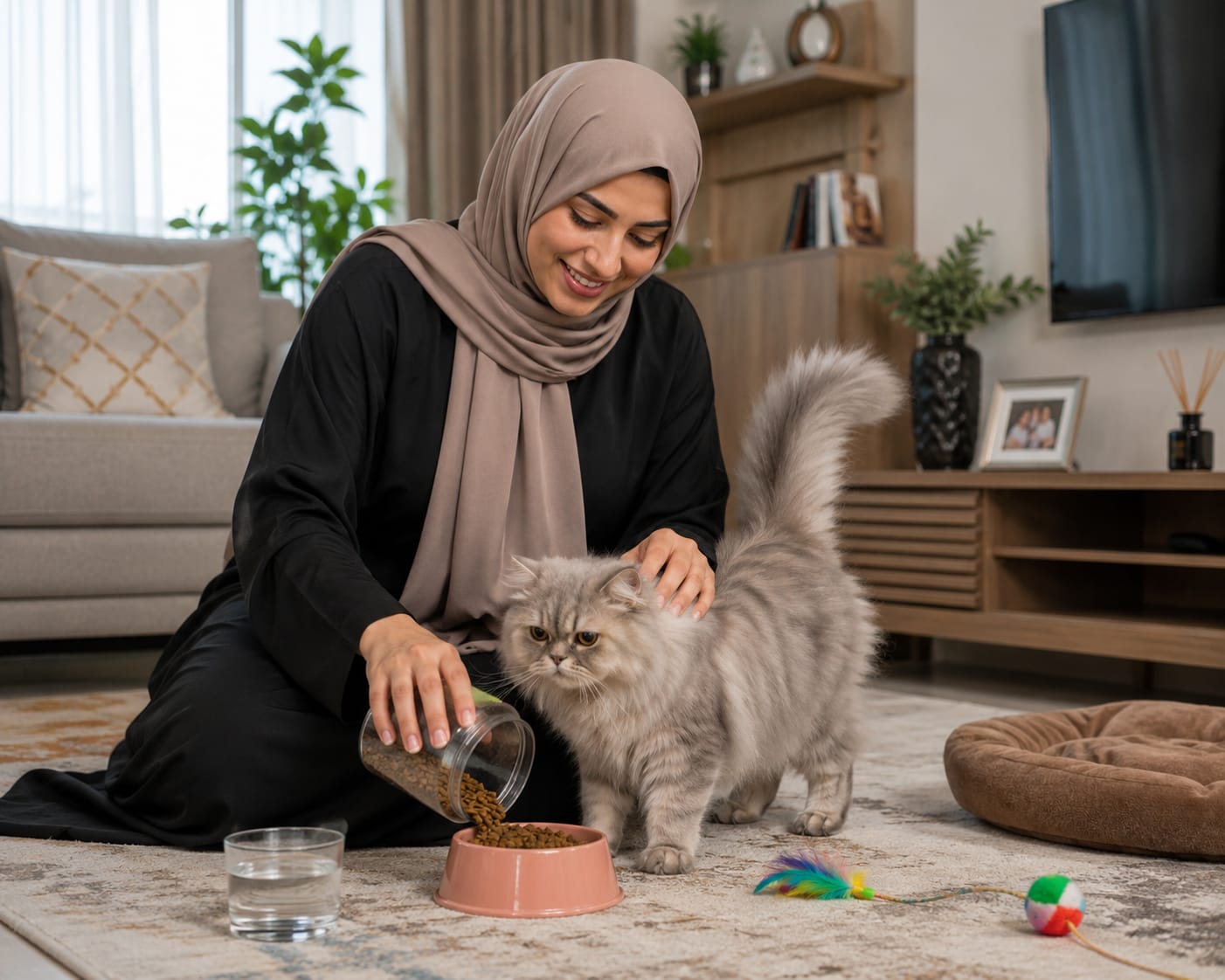 Pet parent feeding a cat during an at-home care visit
