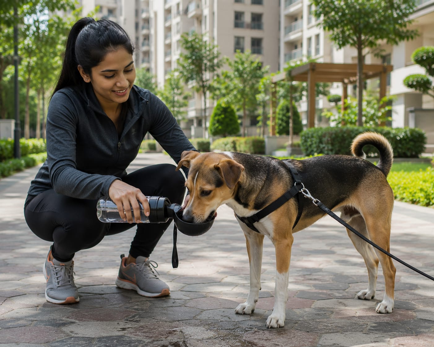 Dog walker giving a dog water during an outdoor walk
